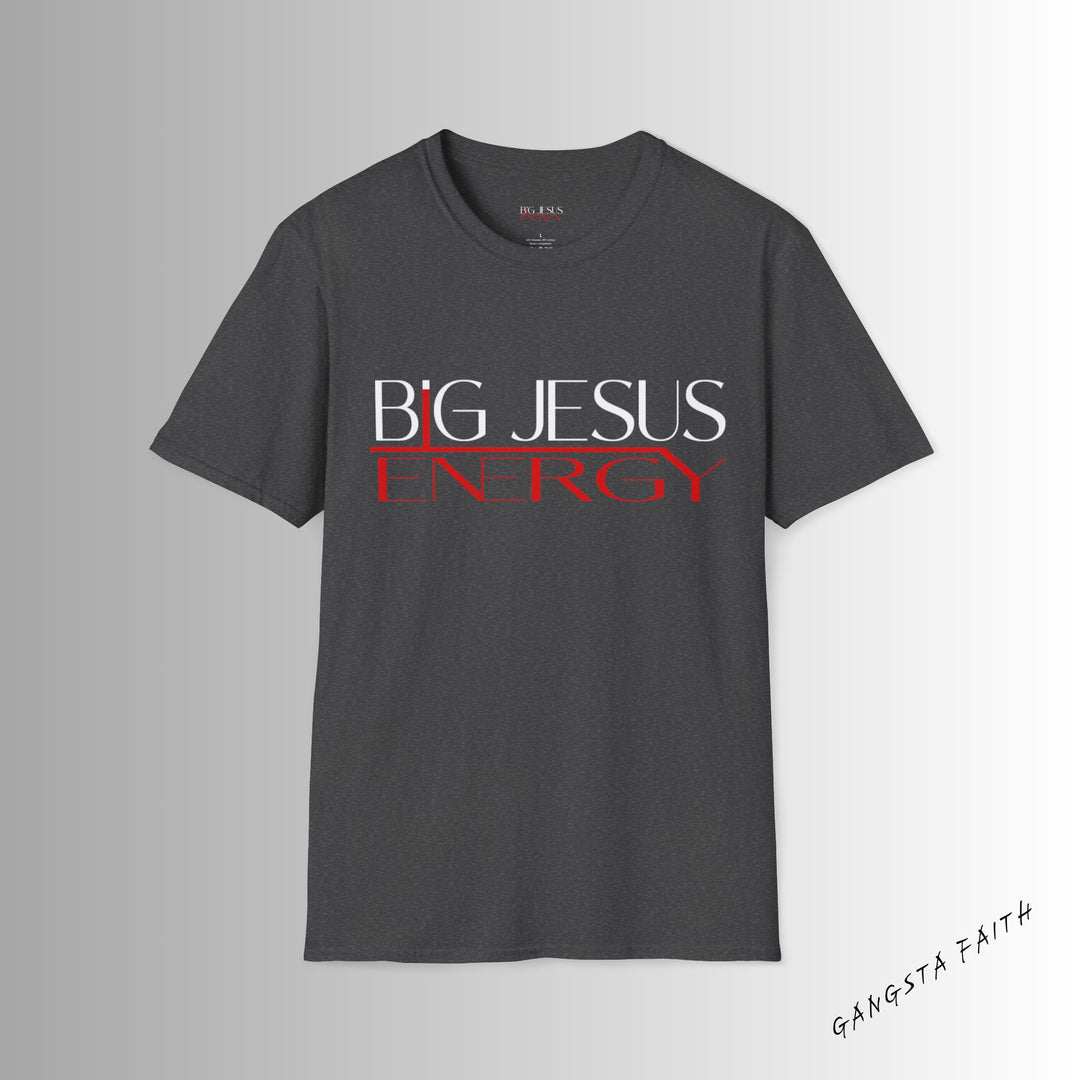 Dark Heather Big Jesus Enegry Unisex Softstyle T-Shirt..