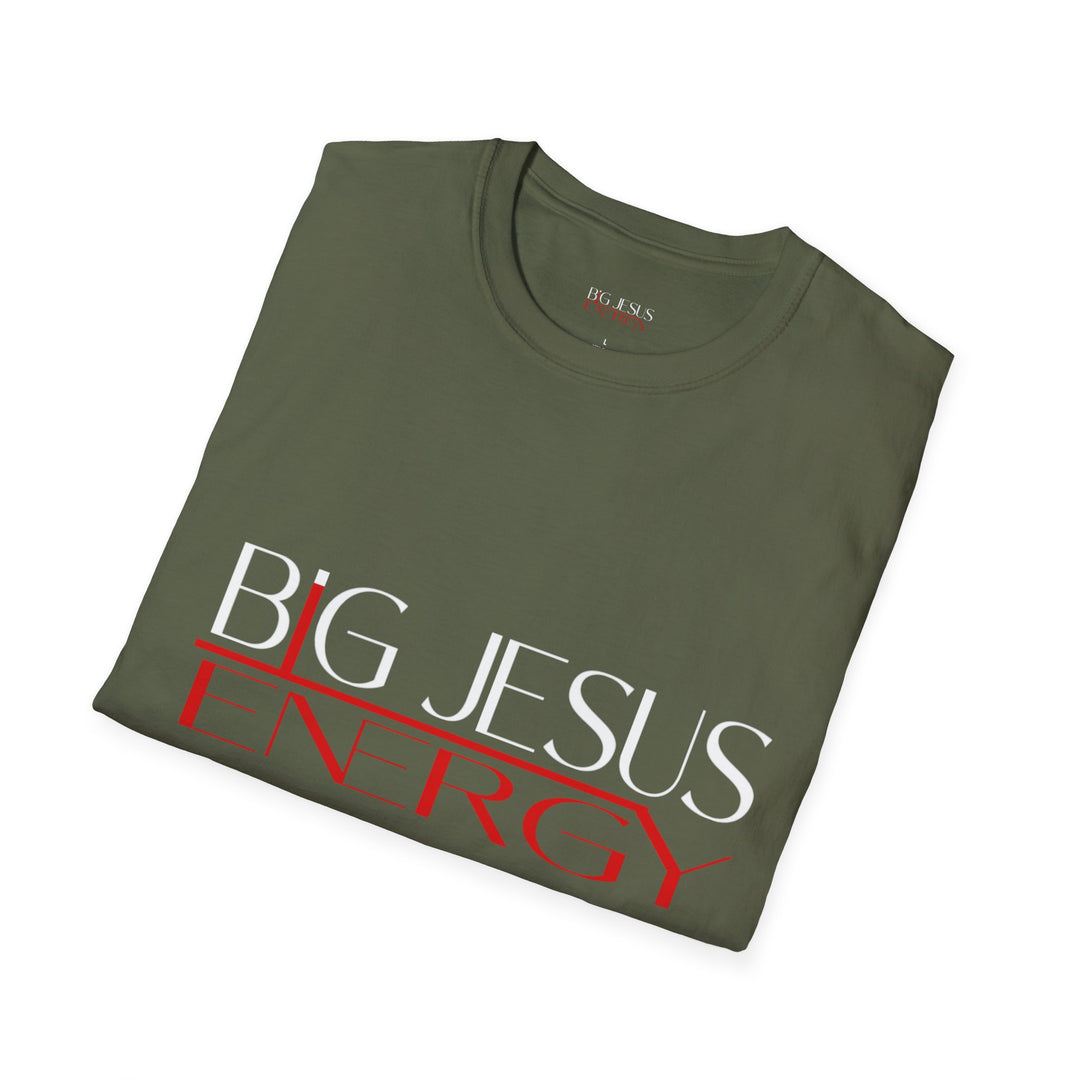 Military Green Big Jesus Enegry Unisex Softstyle T-Shirt.