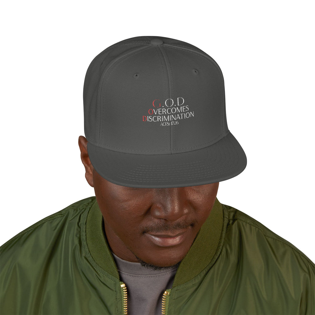 Charcoal Grey God Overcomes Discrimination Snapback Hat with Unique Design, Casual Cap, Streetwear Accessory, Gift for Him/Her, Fashionable Headwear