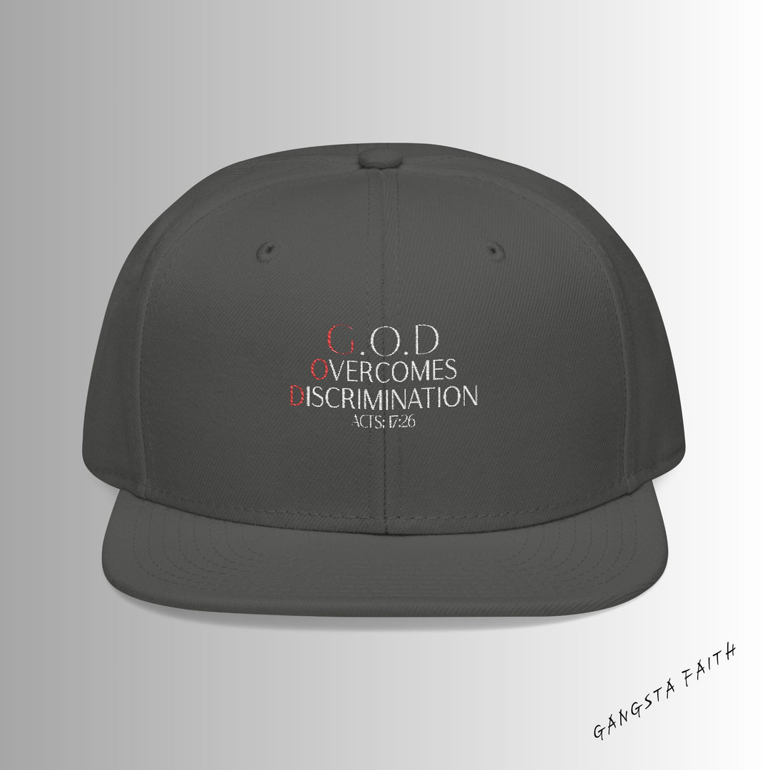 Charcoal Grey God Overcomes Discrimination Snapback Hat with Unique Design, Casual Cap, Streetwear Accessory, Gift for Him/Her, Fashionable Headwear