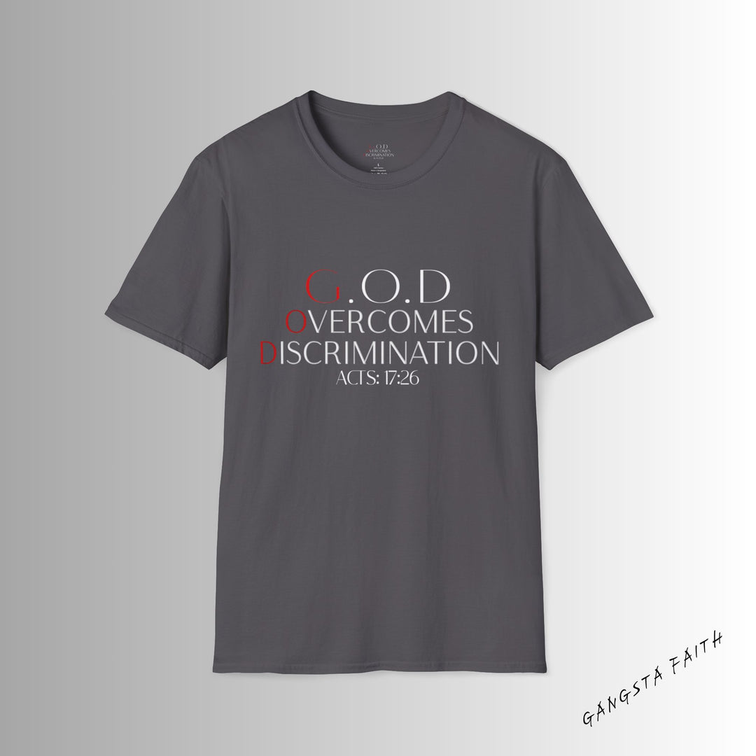 Charcoal  God Overcomes Discrimination  Unisex Softstyle T-Shirt Design 1