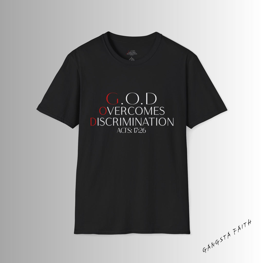 Black God Overcomes Discrimination  Unisex Softstyle T-Shirt Design 1