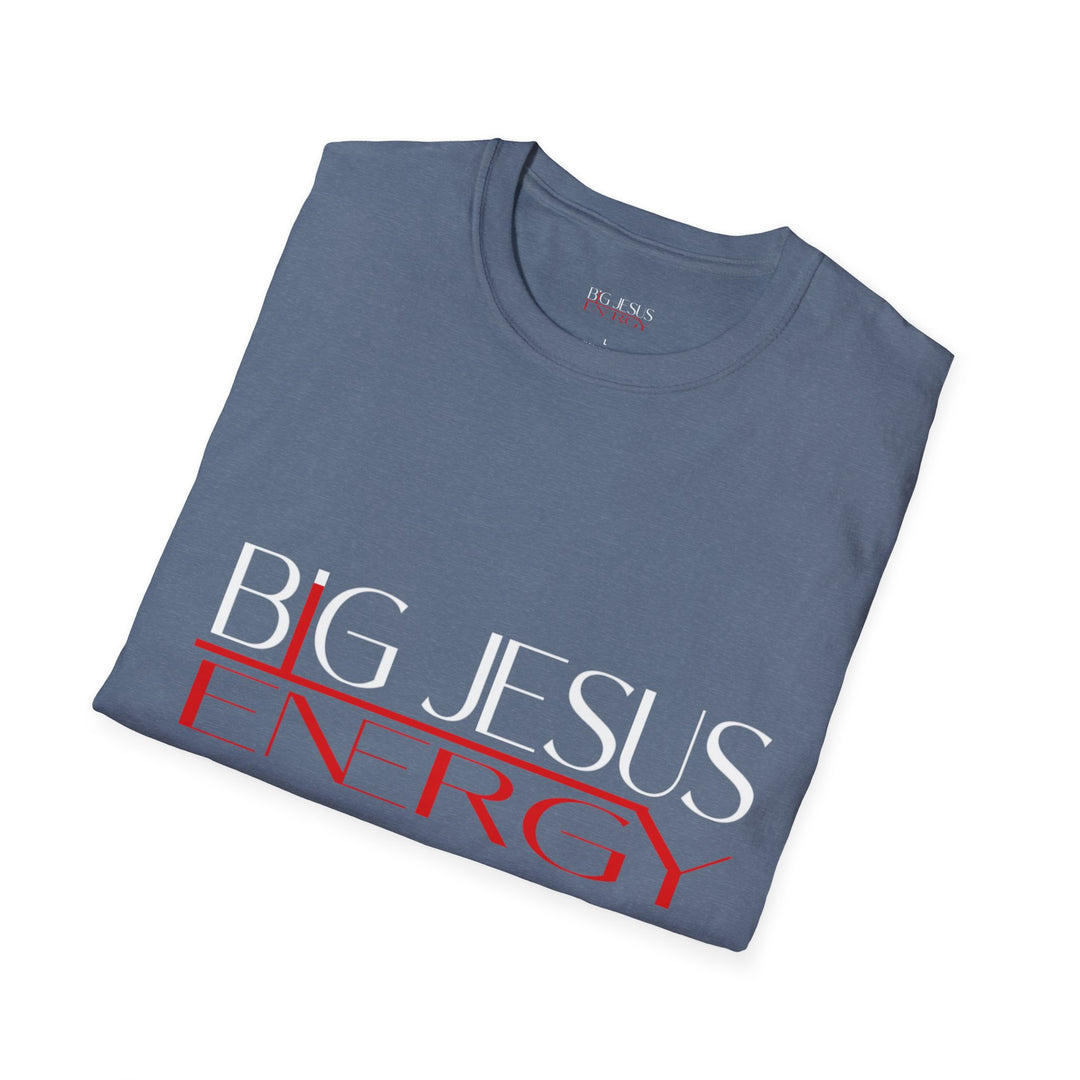 Heather Indigo Big Jesus Enegry Unisex Softstyle T-Shirt.