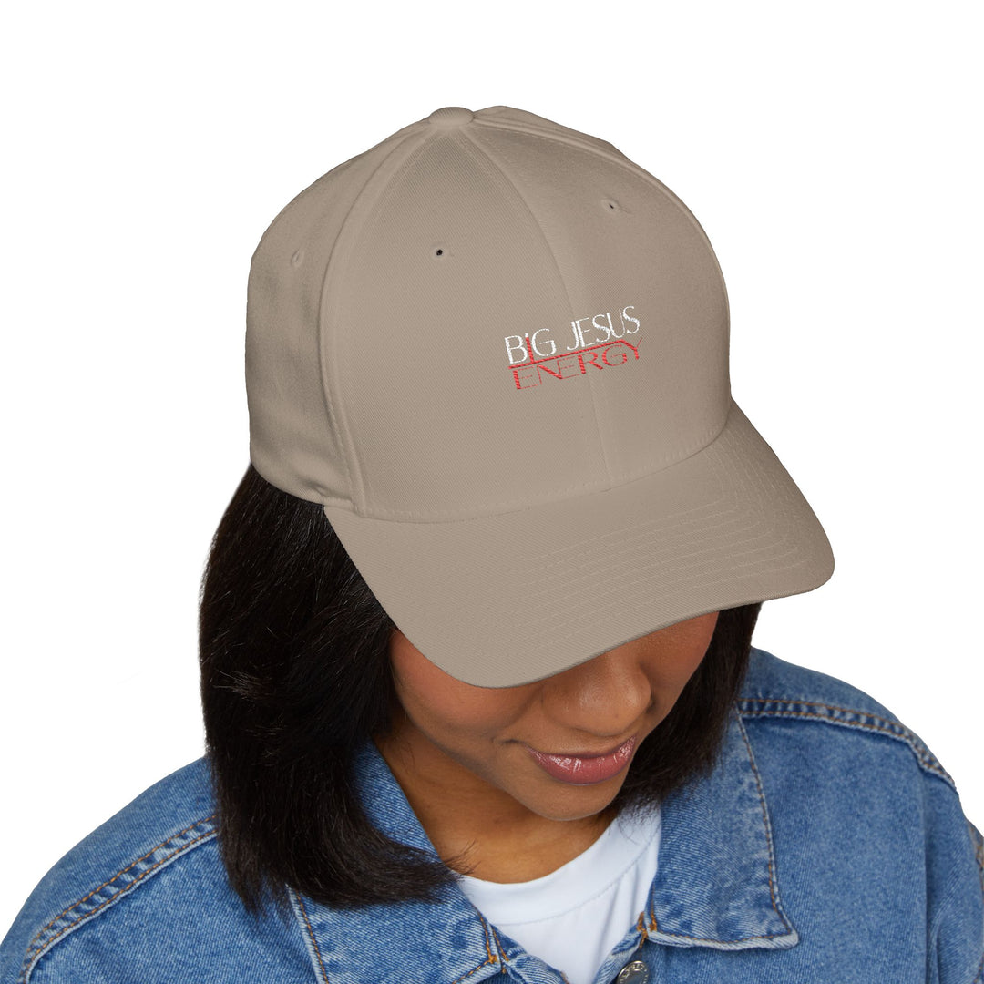 Khaki Big Jesus Energy Embroidered Cap, Spiritual Headwear, Gift for Faith-Based Events, Daily Wear, Adjustable Closure Hat