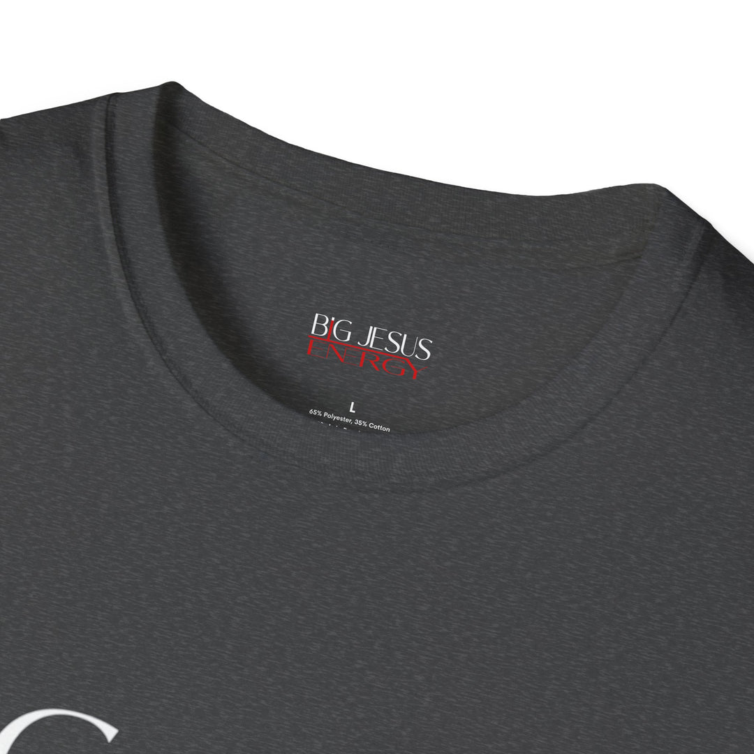 Dark Heather Big Jesus Enegry Unisex Softstyle T-Shirt..