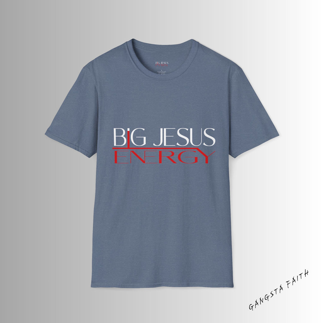 Heather Indigo Big Jesus Enegry Unisex Softstyle T-Shirt.
