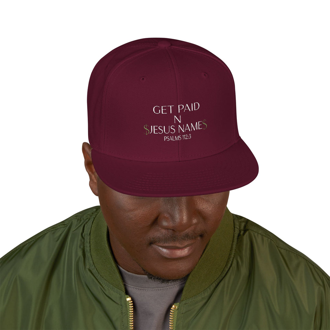 Burgundy Get Paid In Jesus Name Snapback Hat with Unique Design, Casual Cap, Streetwear Accessory, Gift for Him/Her, Fashionable Headwear