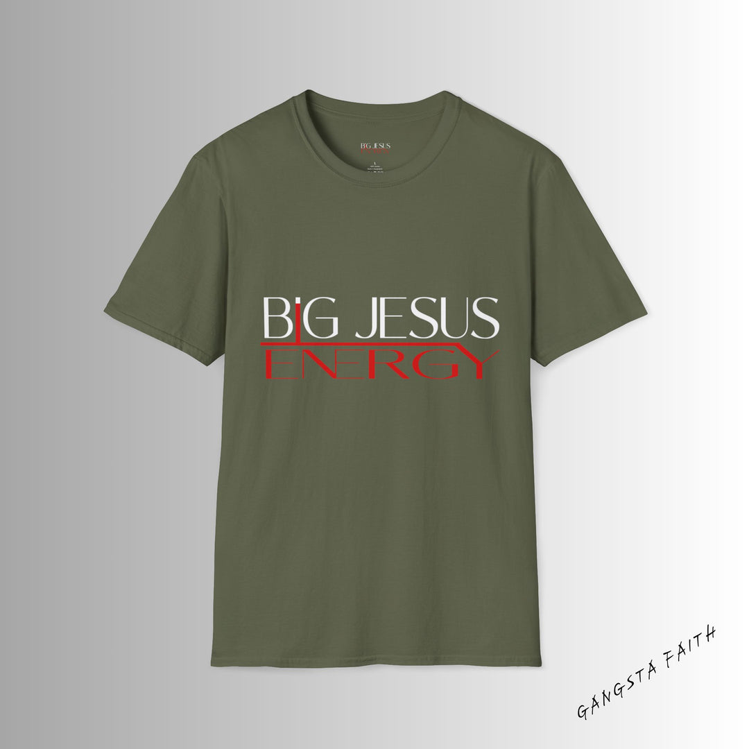 Military Green Big Jesus Enegry Unisex Softstyle T-Shirt.