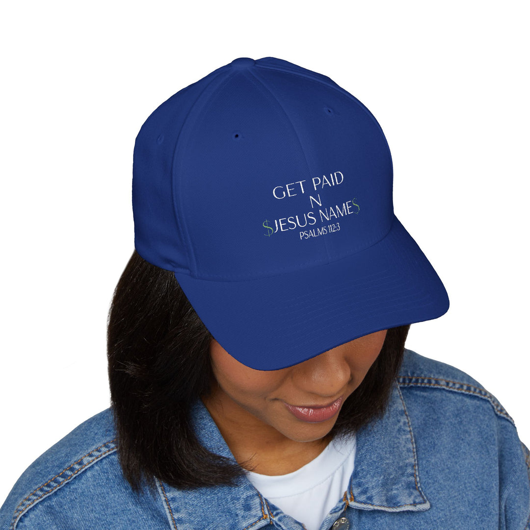 Blue Get Paid In Jesus Name Embroidered Cap, Spiritual Headwear, Gift for Faith-Based Events, Daily Wear, Adjustable Closure Hat