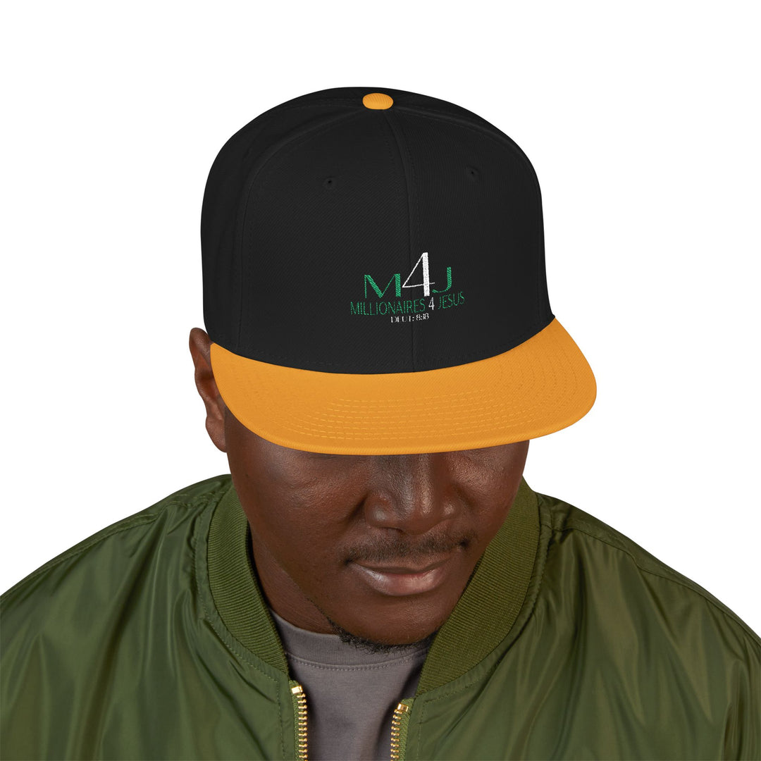 Black & Gold Embroidered M4J Snapback Hat with Unique Design, Casual Cap, Streetwear Accessory, Gift for Him/Her, Fashionable Headwear
