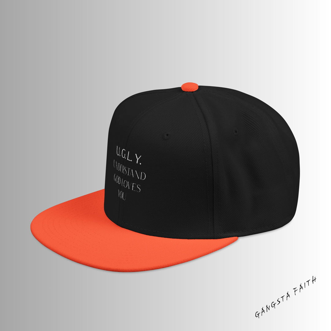 Black & Orange U.G.L.Y ( Understand God Loves You ) Snapback Hat with Unique Design, Casual Cap, Streetwear Accessory, Gift for Him/Her, Fashionable Headwear