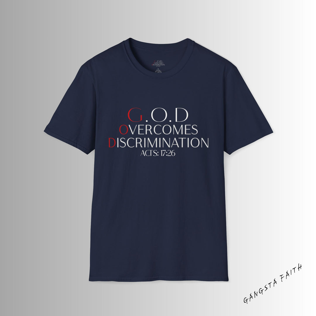 Navy  God Overcomes Discrimination  Unisex Softstyle T-Shirt Design 1
