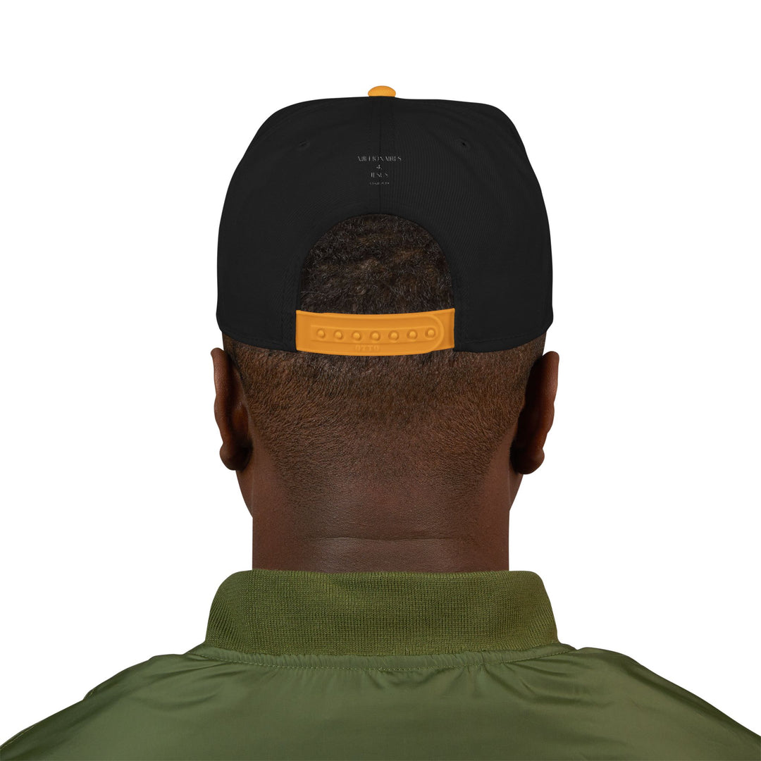Black & Gold Embroidered M4J Snapback Hat with Unique Design, Casual Cap, Streetwear Accessory, Gift for Him/Her, Fashionable Headwear