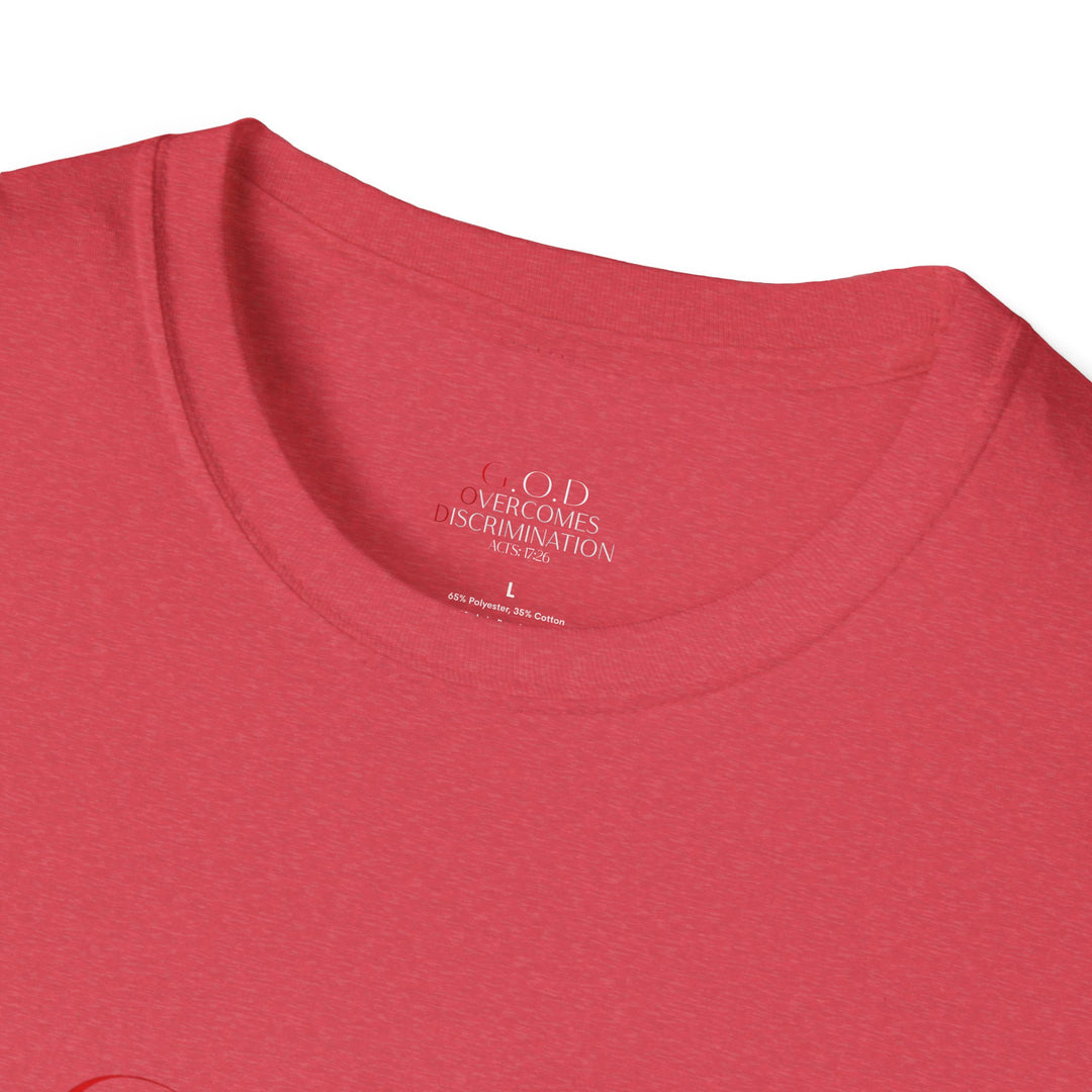 Heather Red  God Overcomes Discrimination  Unisex Softstyle T-Shirt Design 1