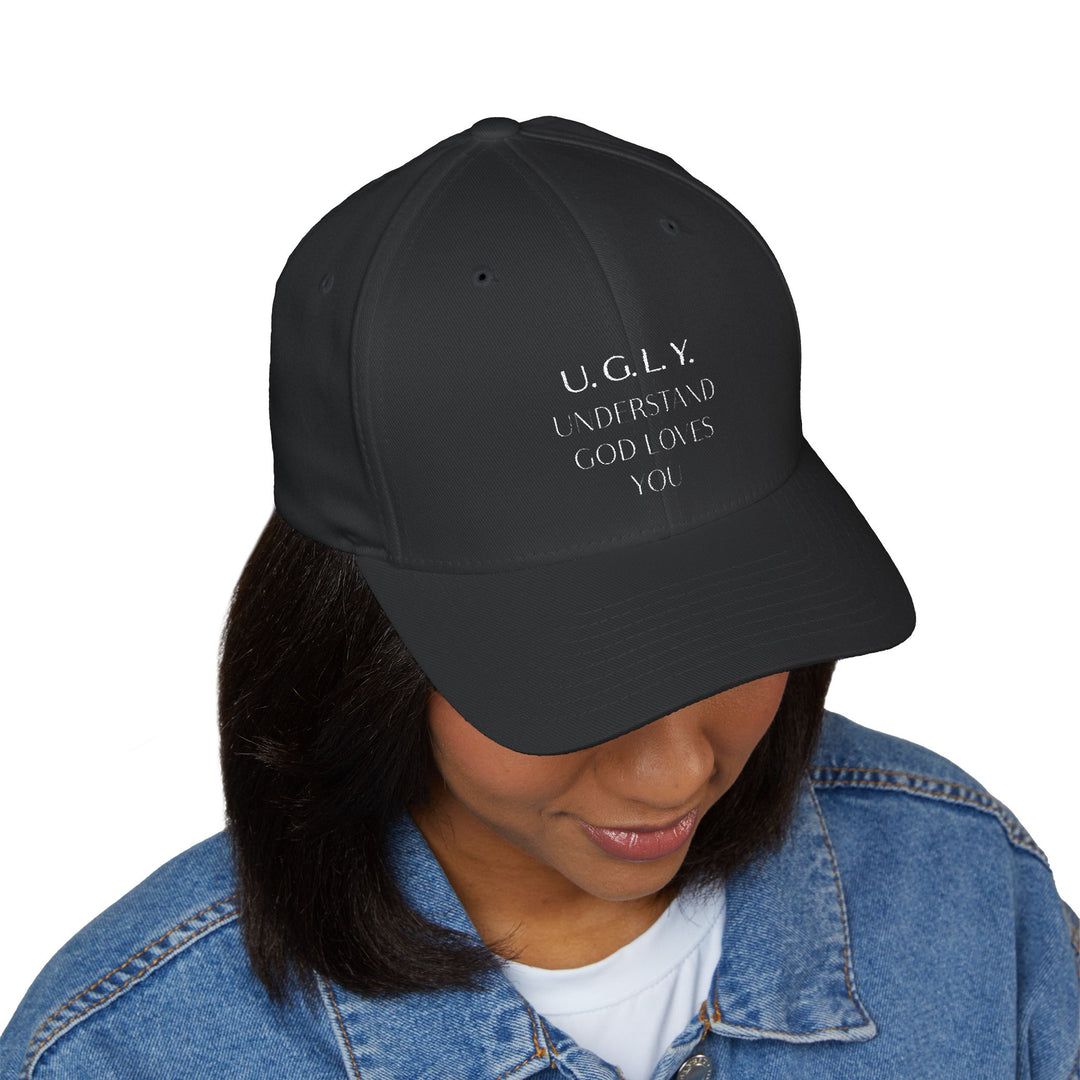Black U.G.L.Y ( Understand God Love You ) Embroidered Cap, Spiritual Headwear, Gift for Faith-Based Events, Daily Wear, Adjustable Closure Hat