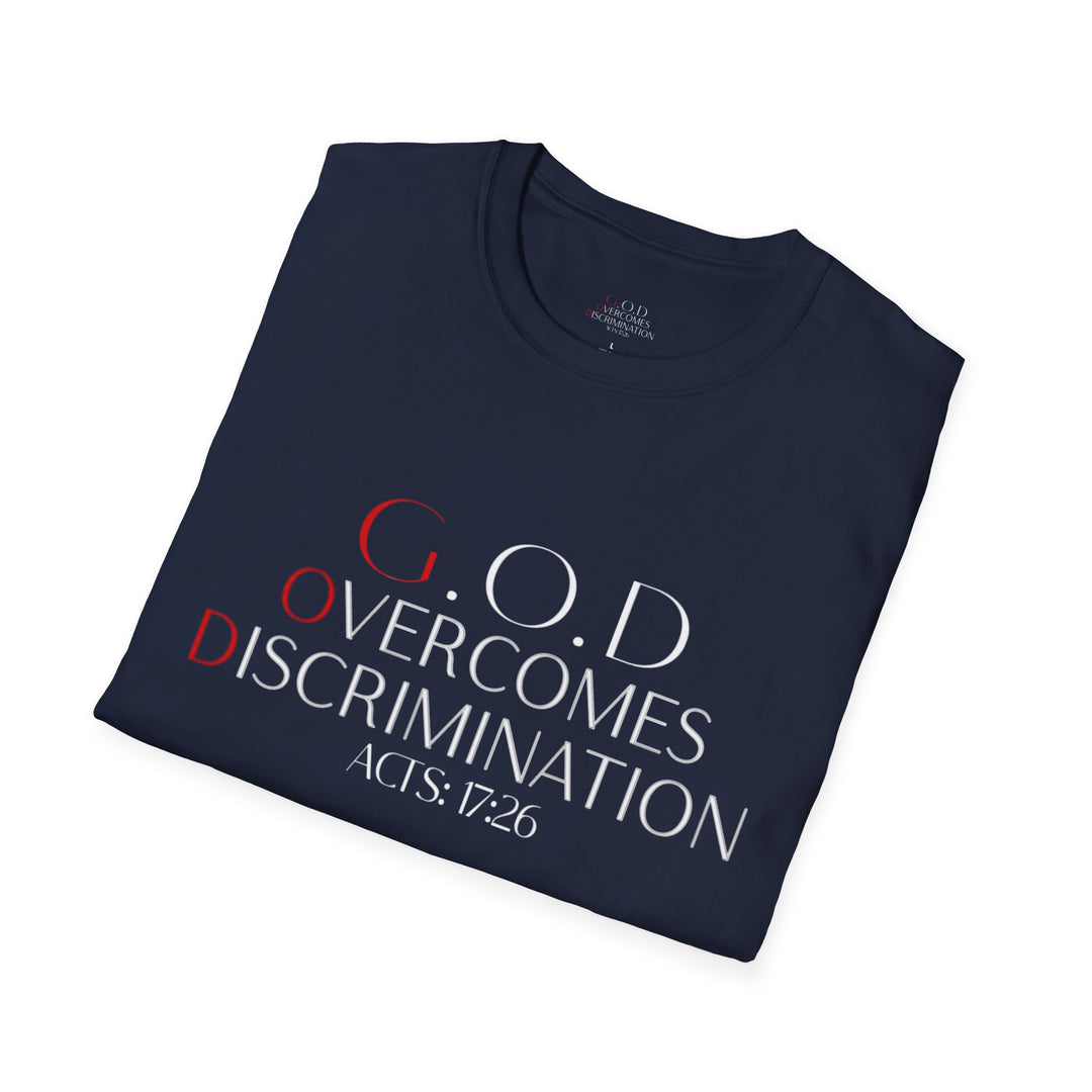 Navy  God Overcomes Discrimination  Unisex Softstyle T-Shirt Design 1