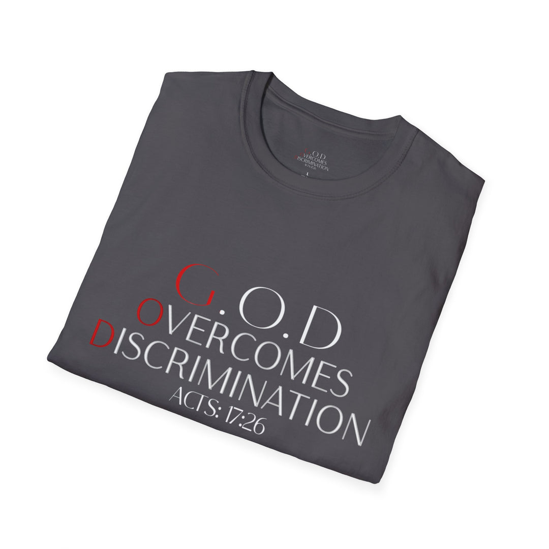 Charcoal  God Overcomes Discrimination  Unisex Softstyle T-Shirt Design 1