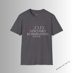Load image into Gallery viewer, Charcoal  God Overcomes Discrimination  Unisex Softstyle T-Shirt Design 1
