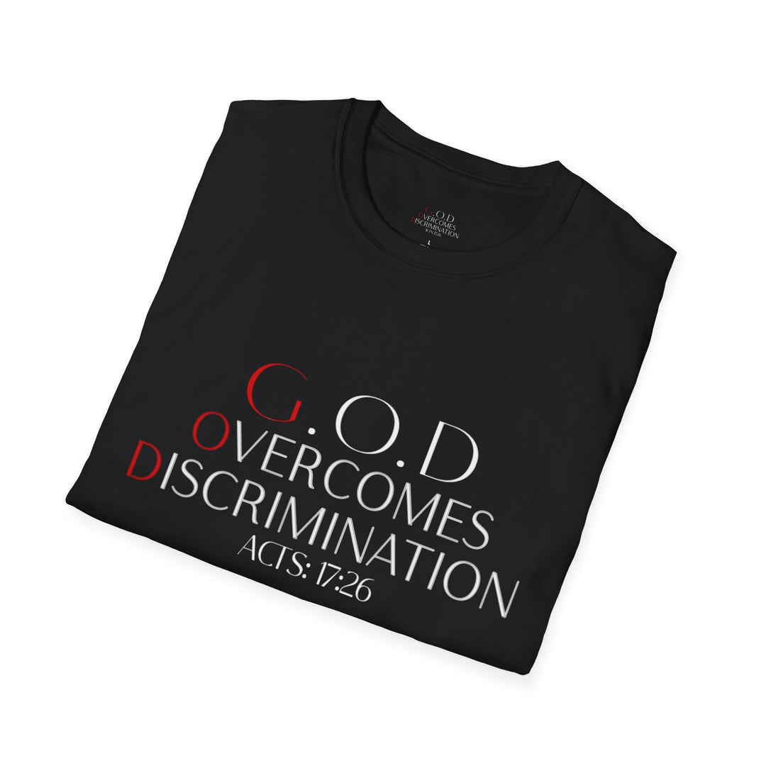 Black God Overcomes Discrimination  Unisex Softstyle T-Shirt Design 1
