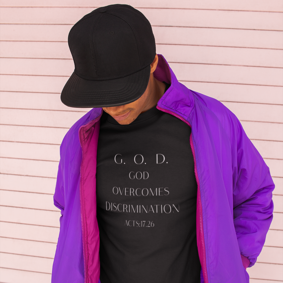 Black God Overcomes Discrimination T‑Shirt — Faith-Inspired Minimalist Tee