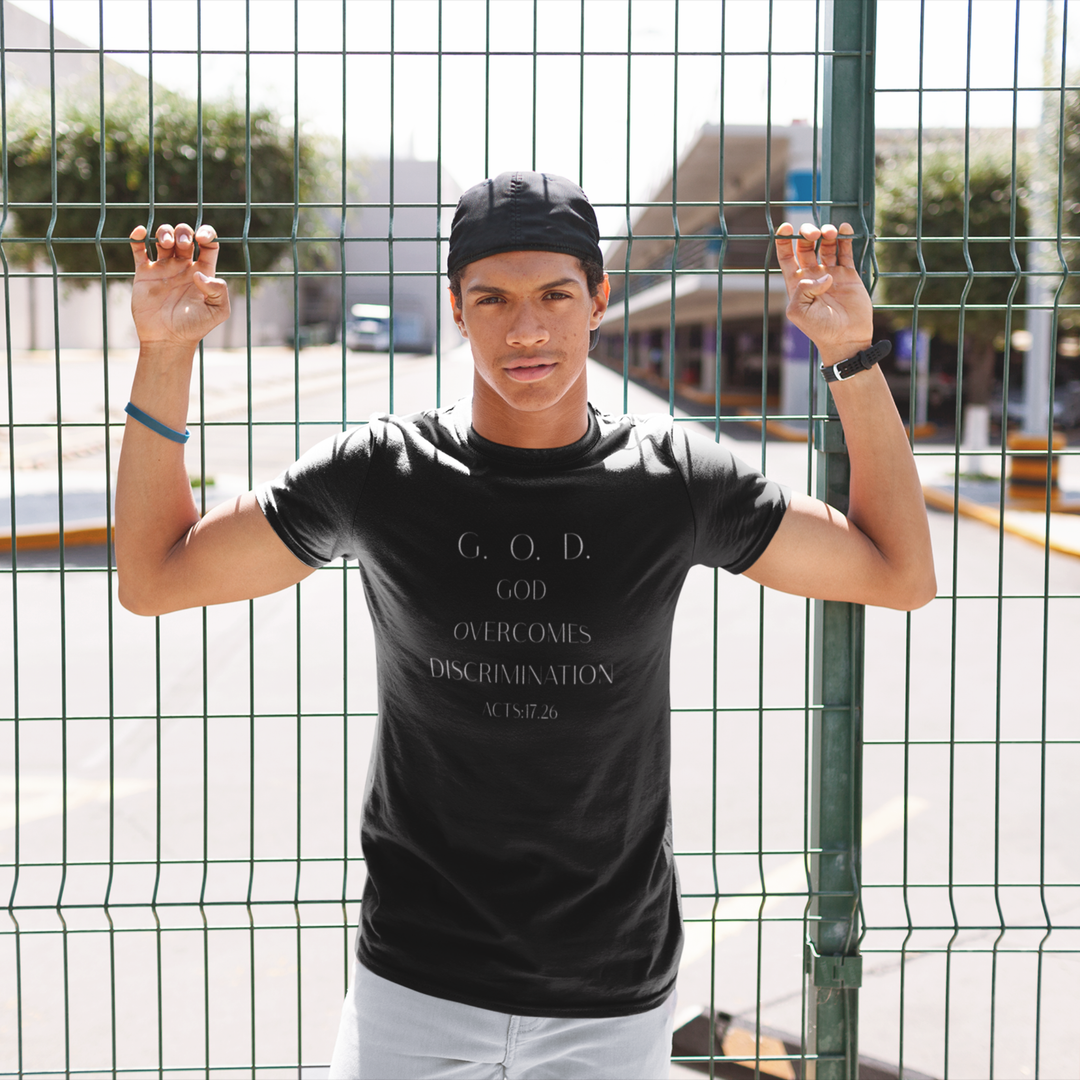 Black God Overcomes Discrimination T‑Shirt — Faith-Inspired Minimalist Tee