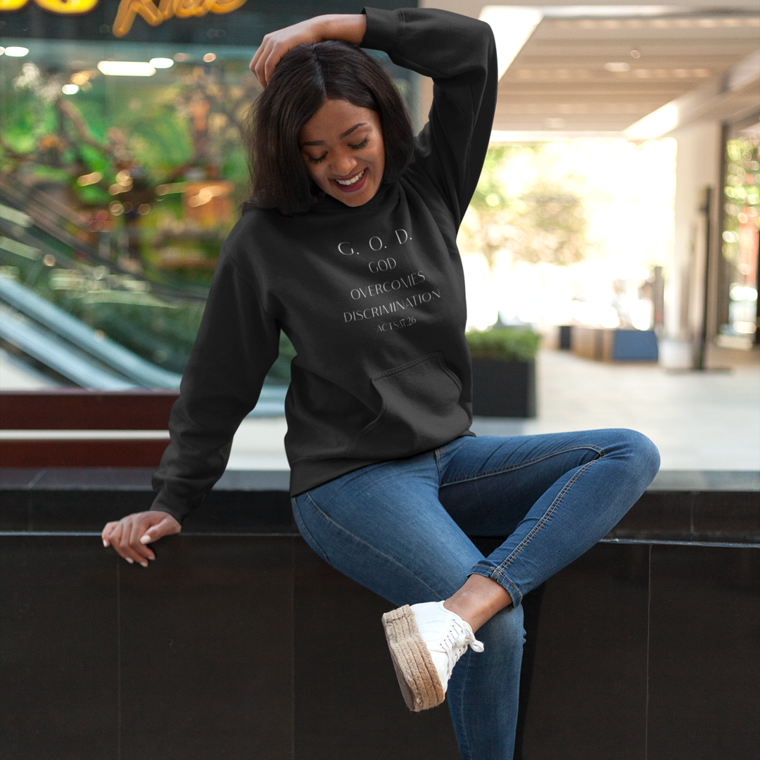 Black G.O.D. Overcomes Determination Hoodie - Inspirational Faith Pullover White