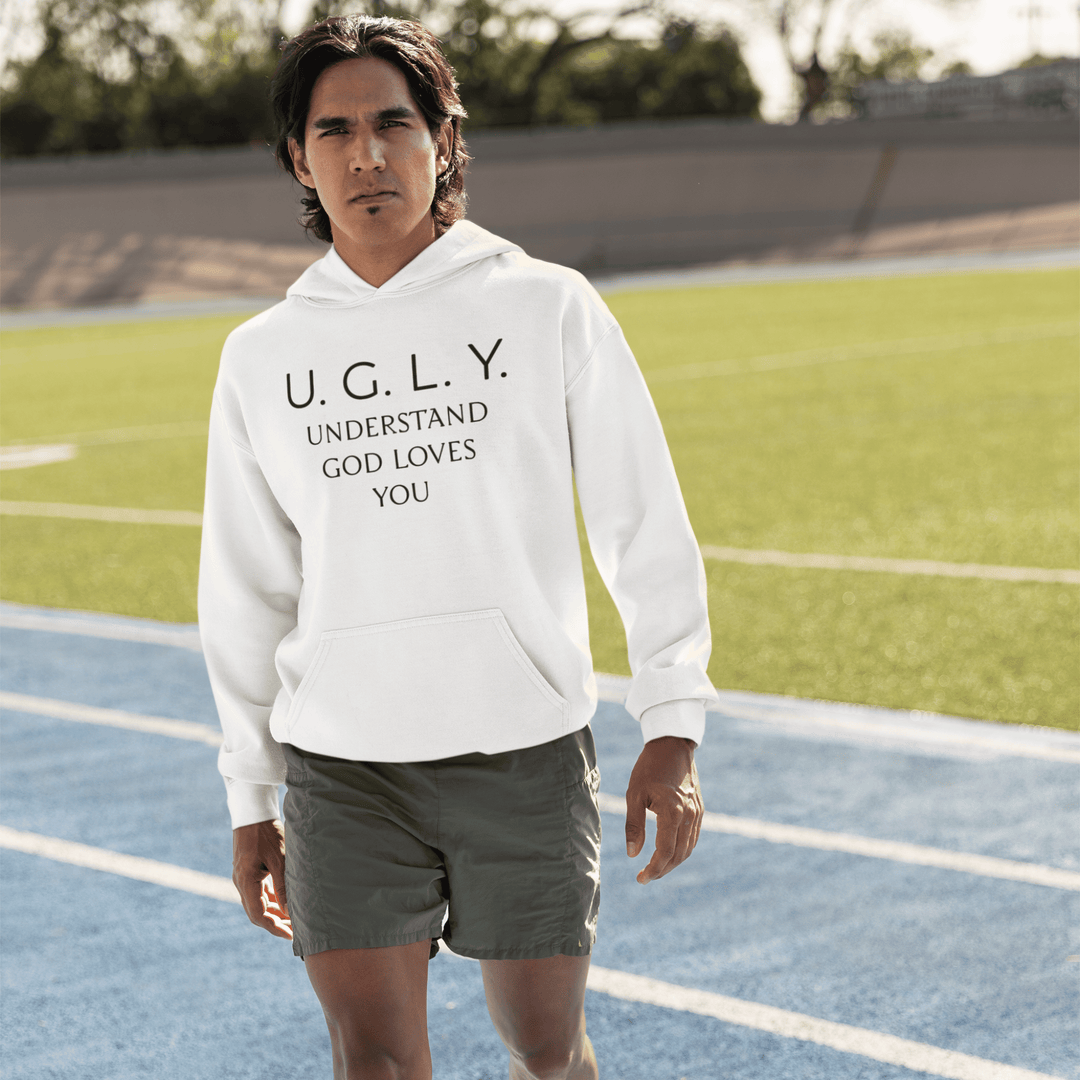 UGLY Hoodie — "Understand God Loves You" Christian Faith Pullover White