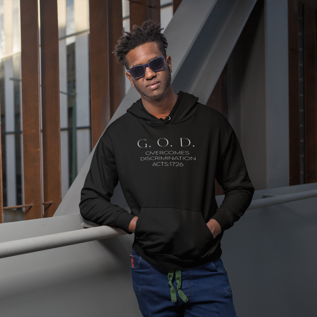 Black G.O.D. Overcomes Determination Hoodie - Inspirational Faith Pullover White