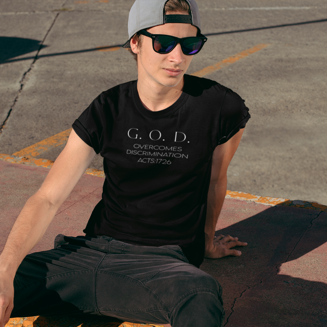 Black God Overcomes Discrimination T‑Shirt — Faith-Inspired Minimalist Tee