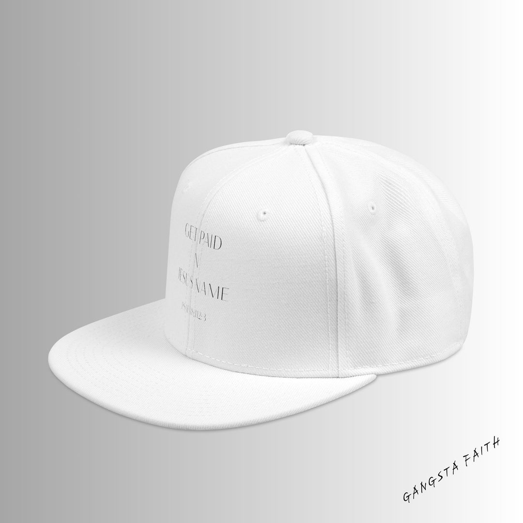 White Get Paid In Jesus Name Snapback Hat with Unique Design, Casual Cap, Streetwear Accessory, Gift for Him/Her, Fashionable Headwear