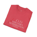 Load image into Gallery viewer, Heather Red  God Overcomes Discrimination  Unisex Softstyle T-Shirt Design 1

