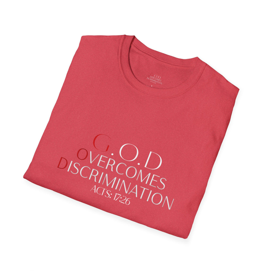Heather Red  God Overcomes Discrimination  Unisex Softstyle T-Shirt Design 1