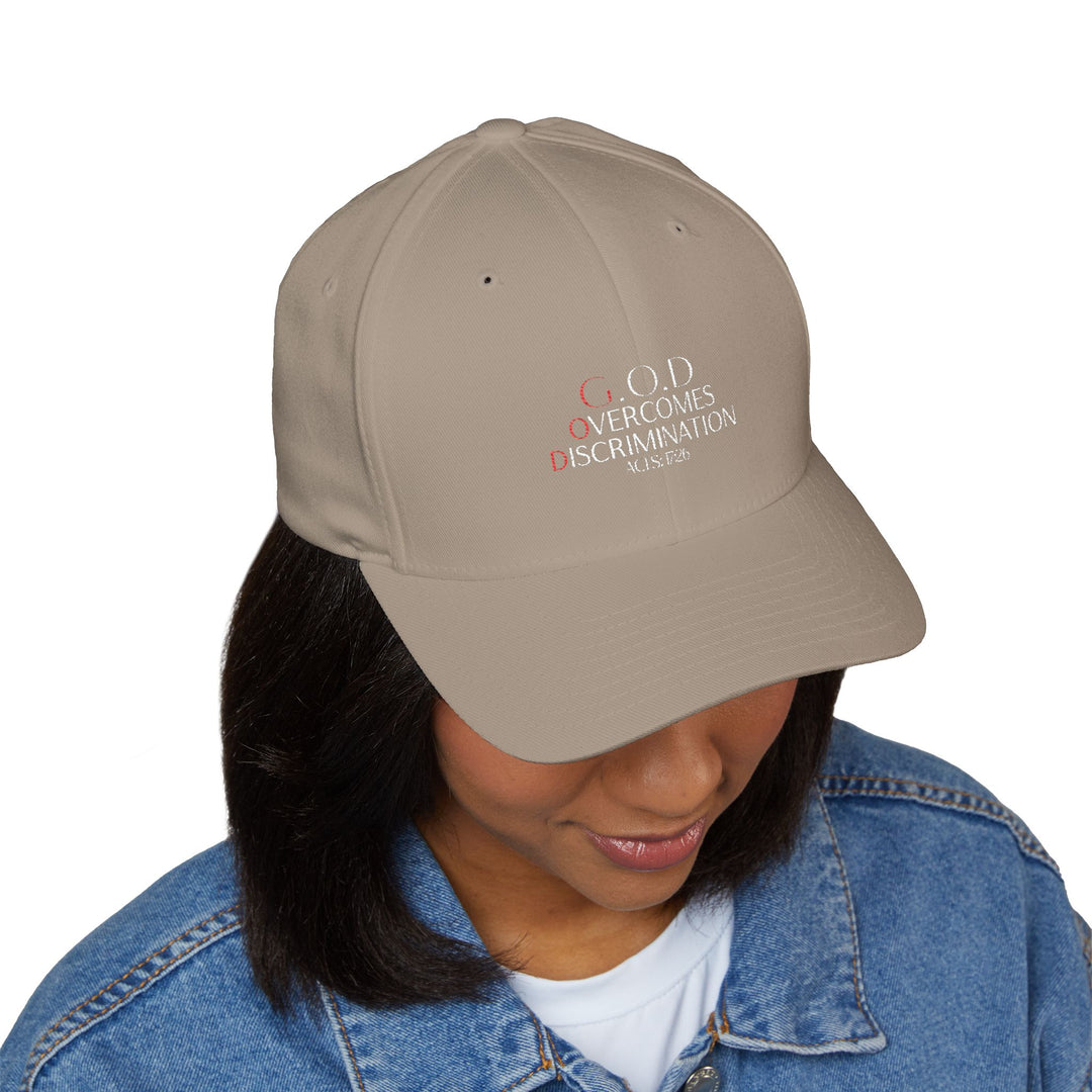 khaki God Overcomes Discrimination Embroidered Cap, Spiritual Headwear, Gift for Faith-Based Events, Daily Wear, Adjustable Closure Hat