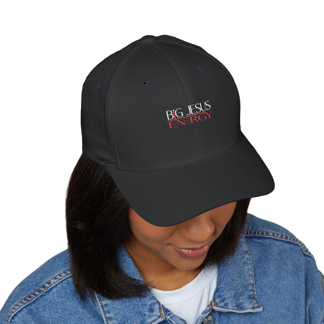 Black Big Jesus Energy Embroidered Cap, Spiritual Headwear, Gift for Faith-Based Events, Daily Wear, Adjustable Closure Hat