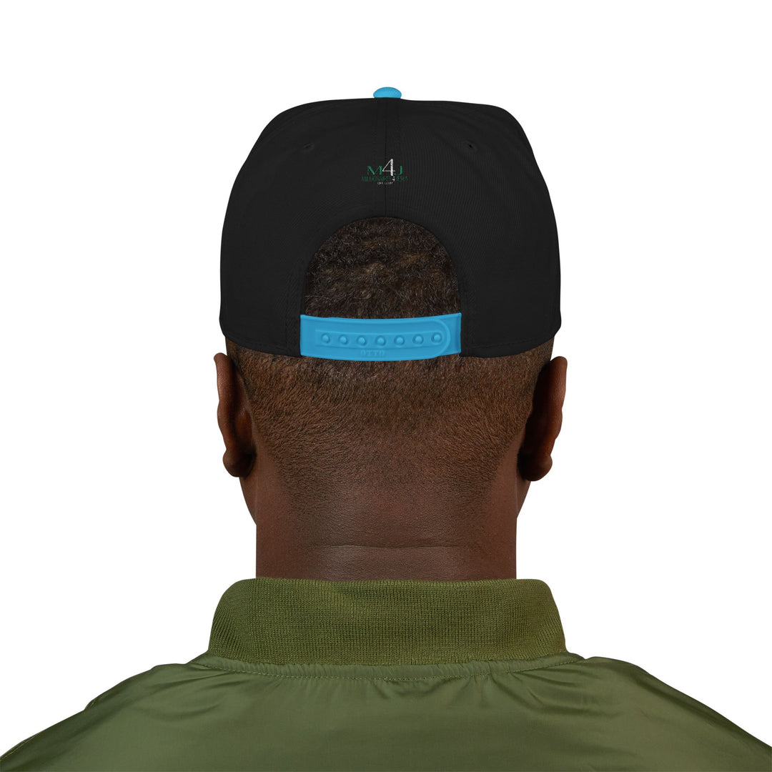 Black & Blue  Embroidered M4J Snapback Hat with Unique Design, Casual Cap, Streetwear Accessory, Gift for Him/Her, Fashionable Headwear