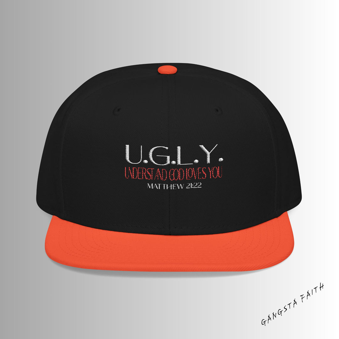 Black & Orange U.G.L.Y ( Understand God Loves You ) Snapback Hat with Unique Design, Casual Cap, Streetwear Accessory, Gift for Him/Her, Fashionable Headwear