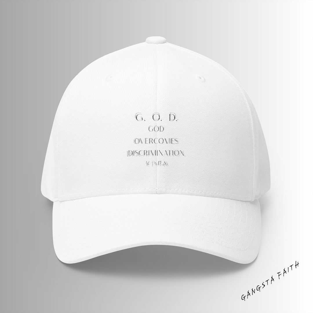 Multicam White God Overcomes Discrimination Embroidered Cap, Spiritual Headwear, Gift for Faith-Based Events, Daily Wear, Adjustable Closure Hat
