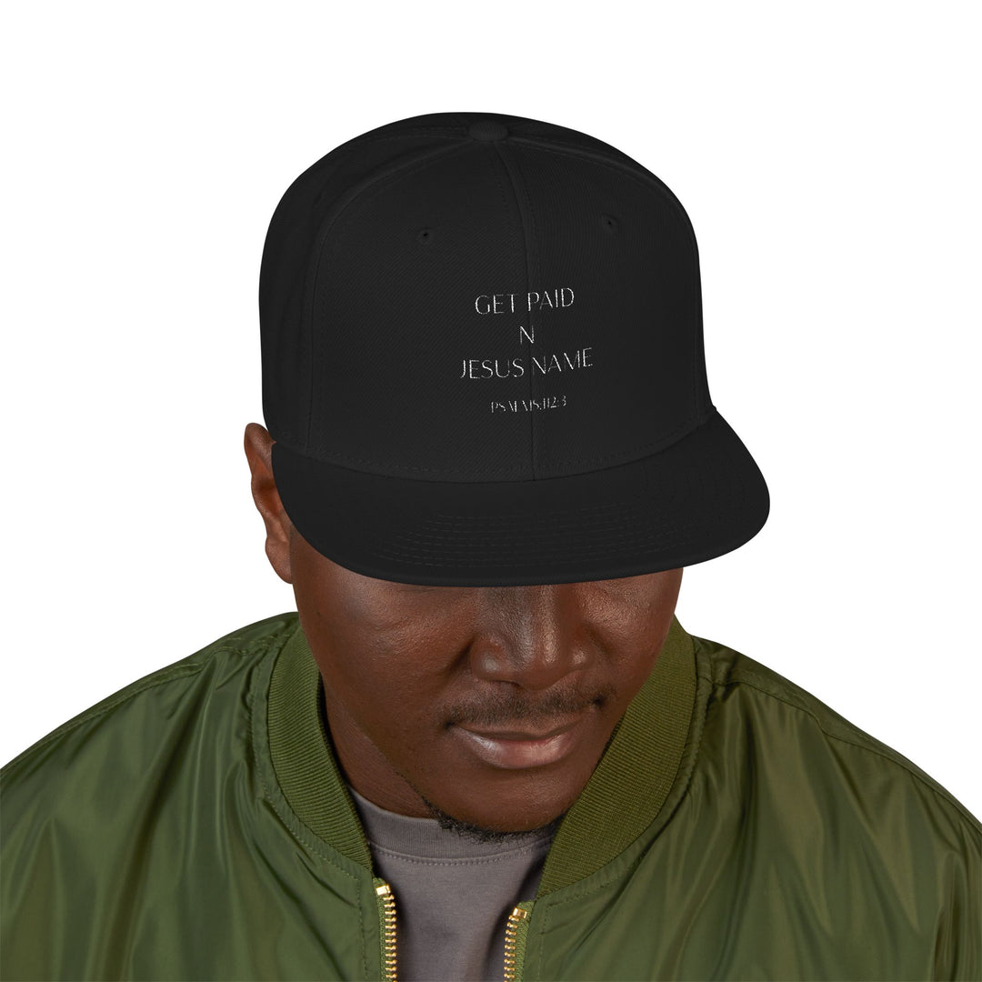 Black Get Paid In Jesus Name Snapback Hat with Unique Design, Casual Cap, Streetwear Accessory, Gift for Him/Her, Fashionable Headwear