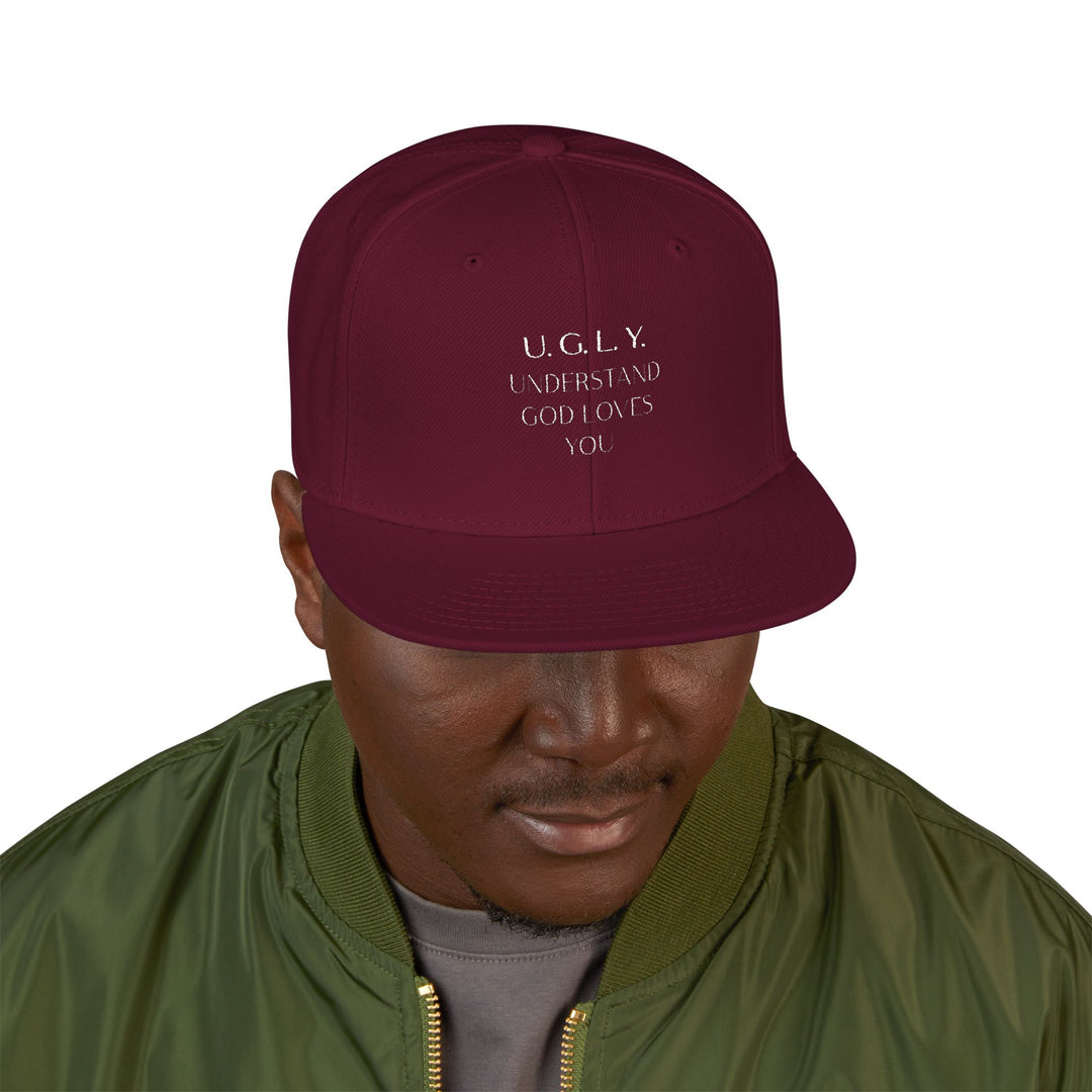 Burgundy U.G.L.Y ( Understand God Loves You ) Snapback Hat with Unique Design, Casual Cap, Streetwear Accessory, Gift for Him/Her, Fashionable Headwear