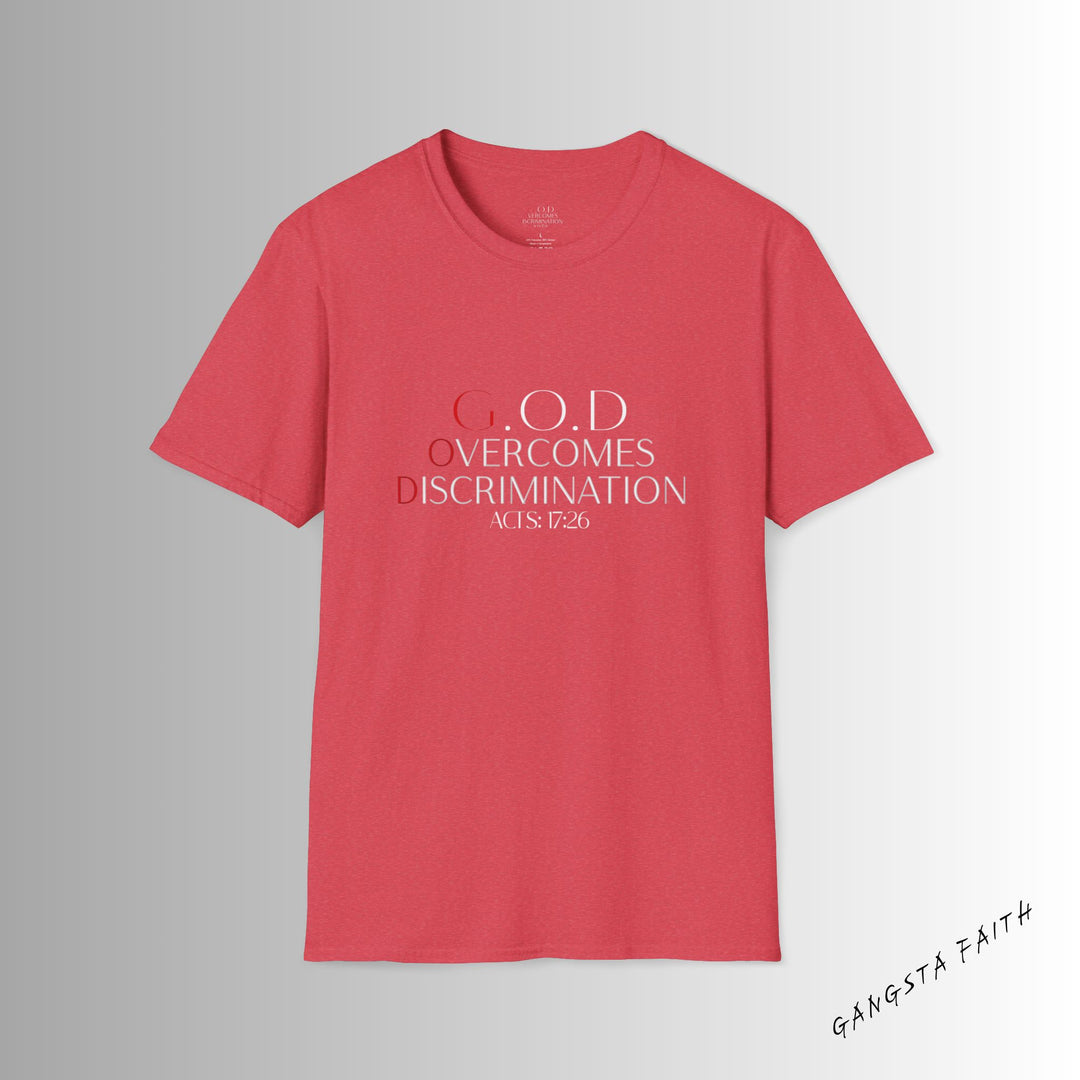 Heather Red  God Overcomes Discrimination  Unisex Softstyle T-Shirt Design 1